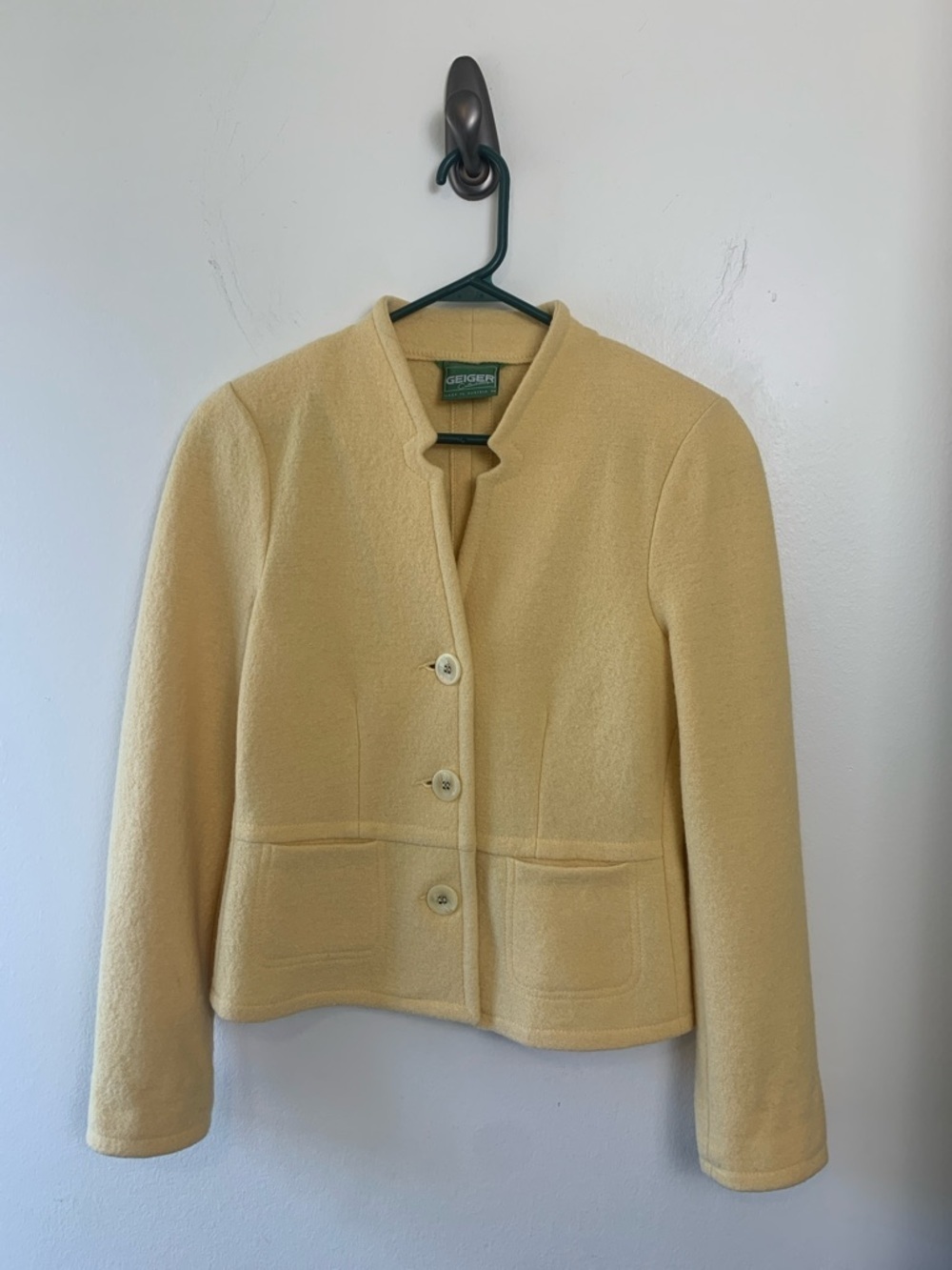 Geiger Soft Yellow Collarless Wool Jacket, Pockets, Tailored